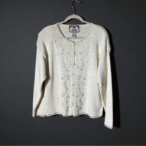 Vintage Tiara Cardigan Sweater Large Fairy Winter White Beaded Whimsical 90s